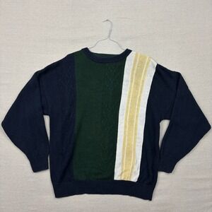 Vintage Stone Haven Mens XL Colorblock Knit Sweater Navy Green Cream Yellow